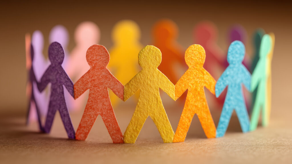 Paper cut-out people figures held in hands, representing inclusivity 
